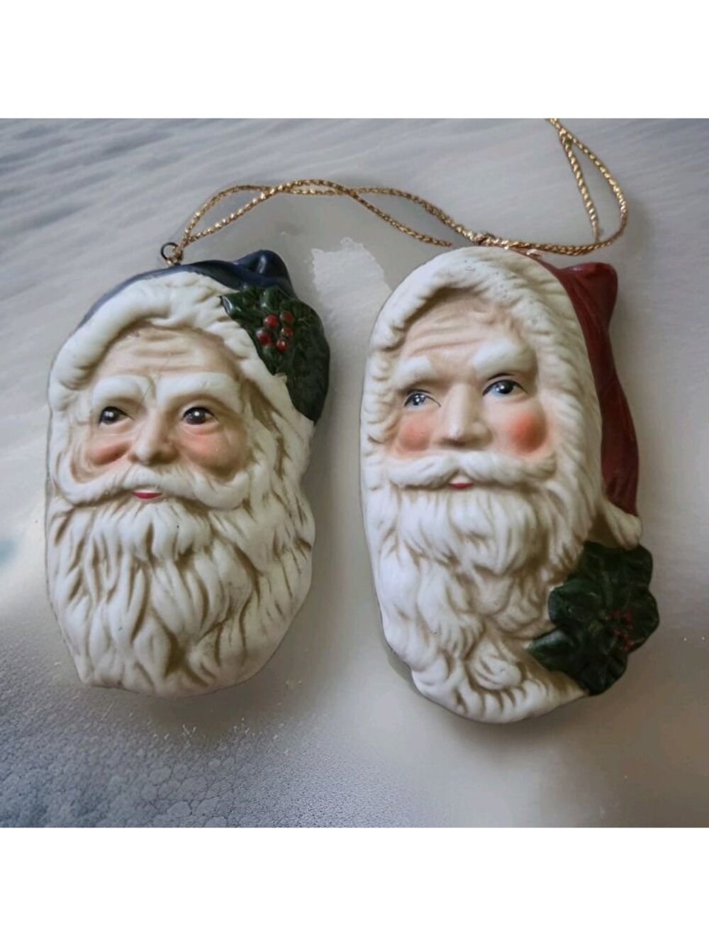 Vintage Bisque Santa Face Christmas Ornaments Set Retro Traditional Holiday